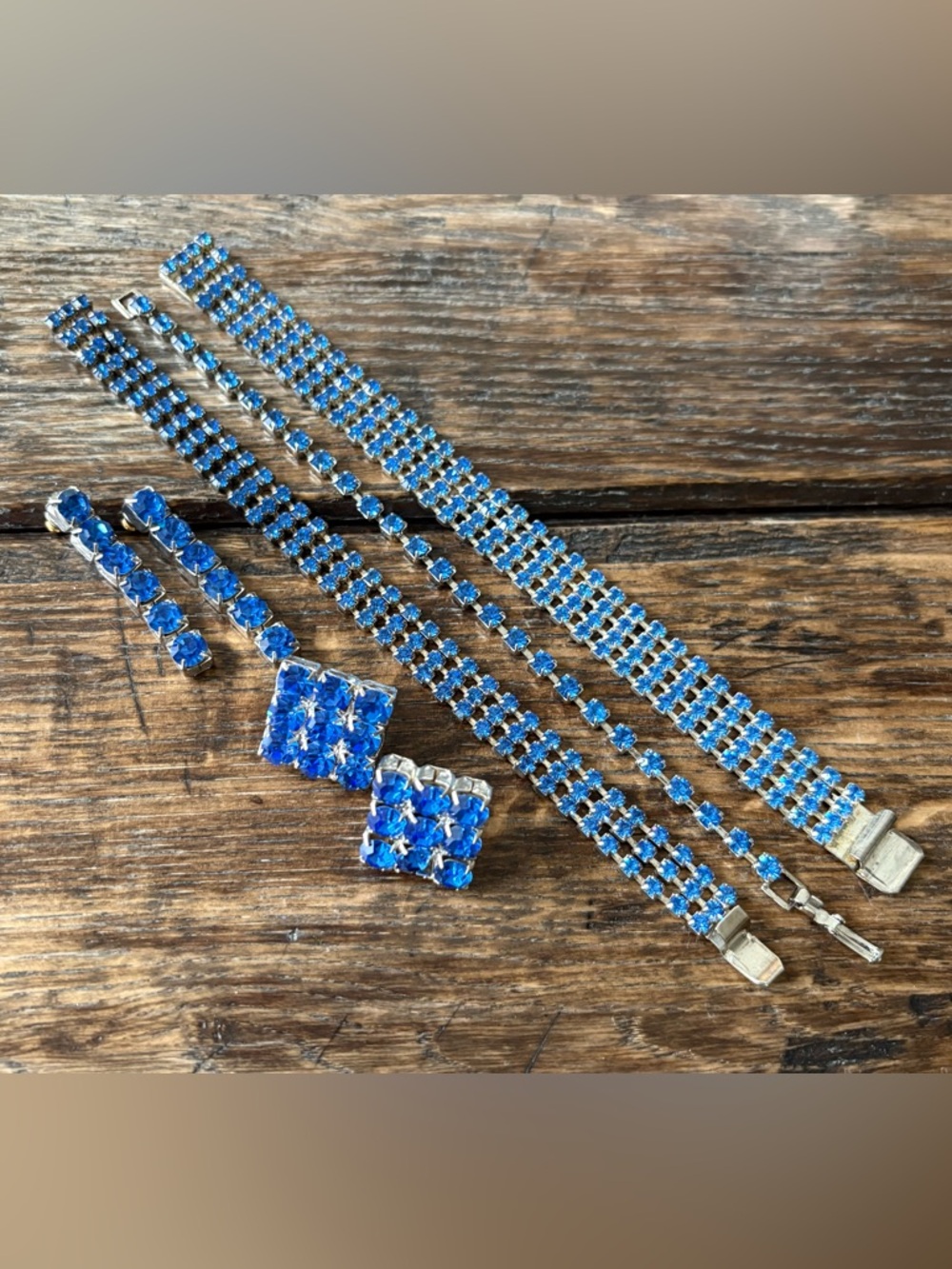 Vintage Blue Rhinestone Bracelets & Earrings ~ Set/5